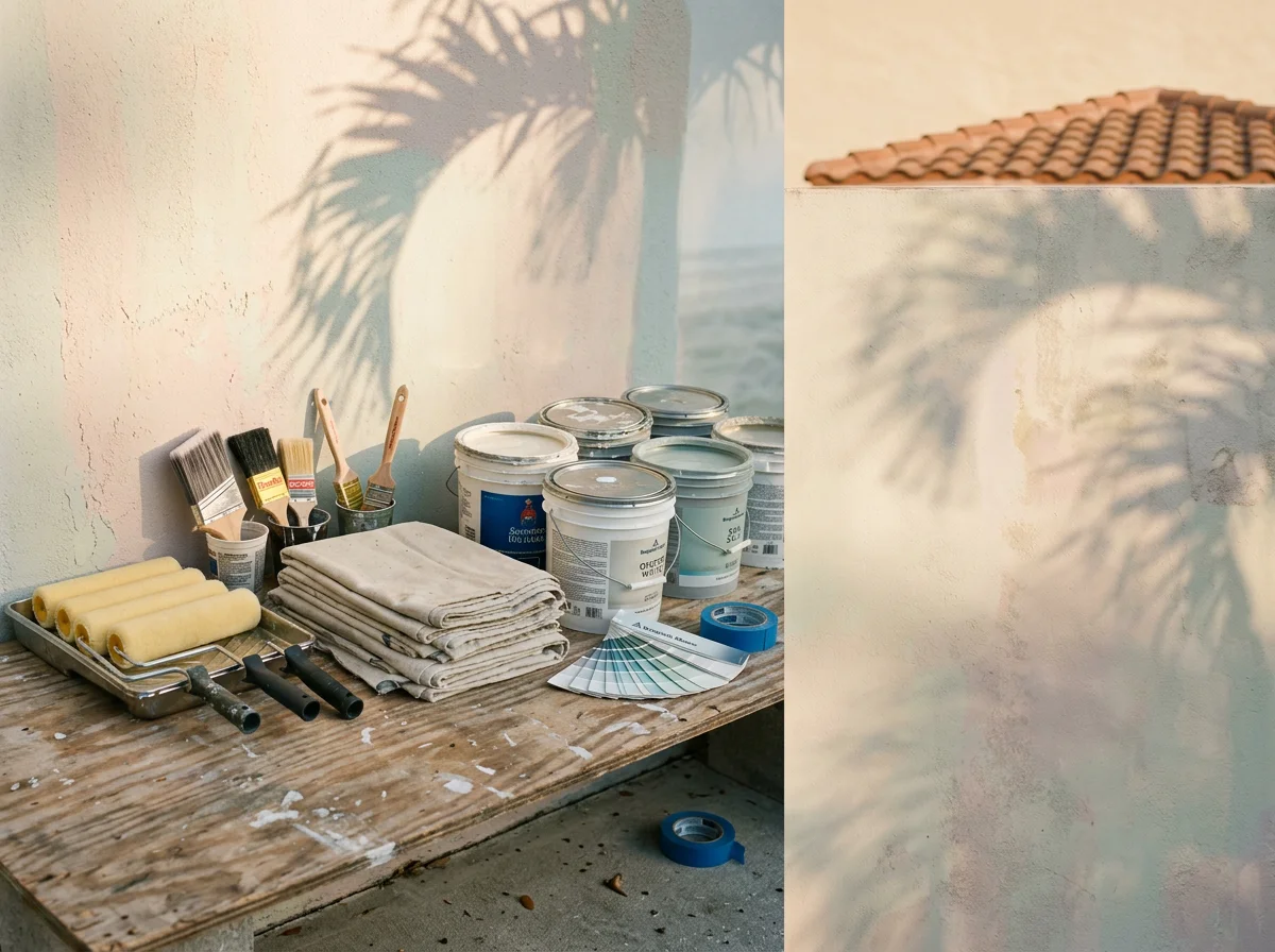 Painting equipment and supplies arranged for a residential painting job in Southwest Florida. The scene shows rollers, brushes, and drop cloths ready for use.