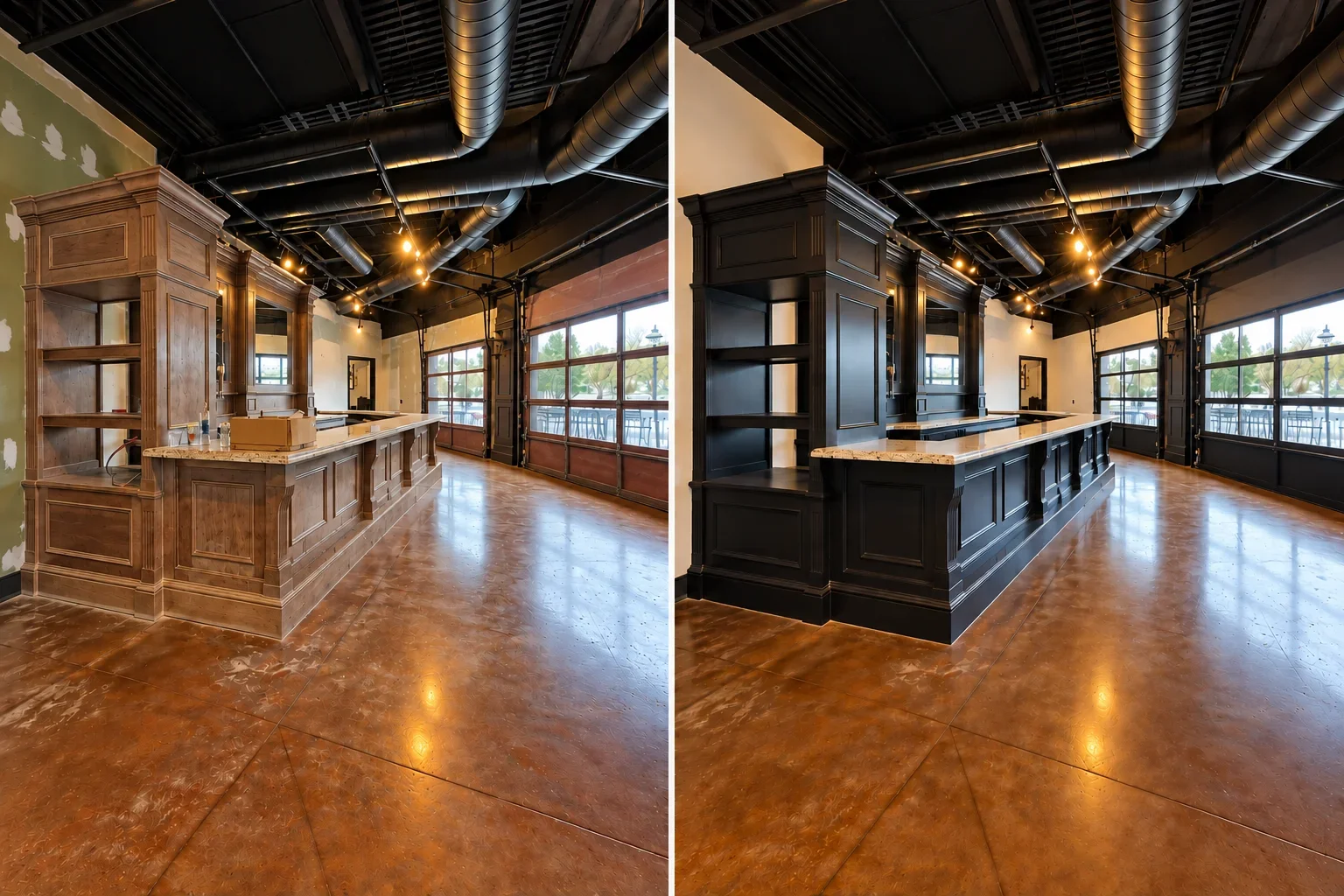 Before and after comparison of a commercial bar, stained wood millwork transformed to matte black painted raised panels with granite countertop