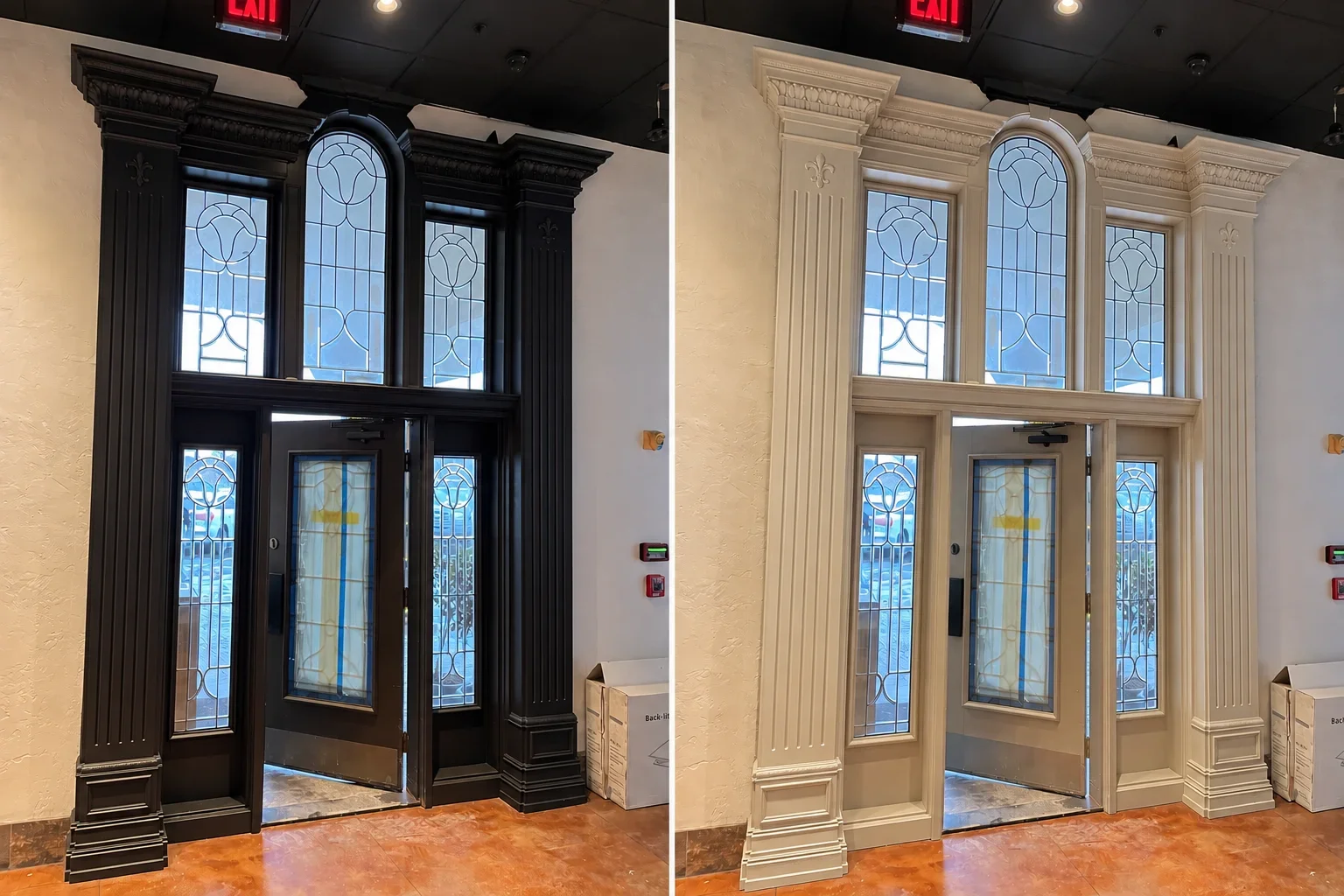 Before and after of an ornate storefront entry with fluted columns, crown molding, and leaded glass transoms, repainted from dark brown to cream.