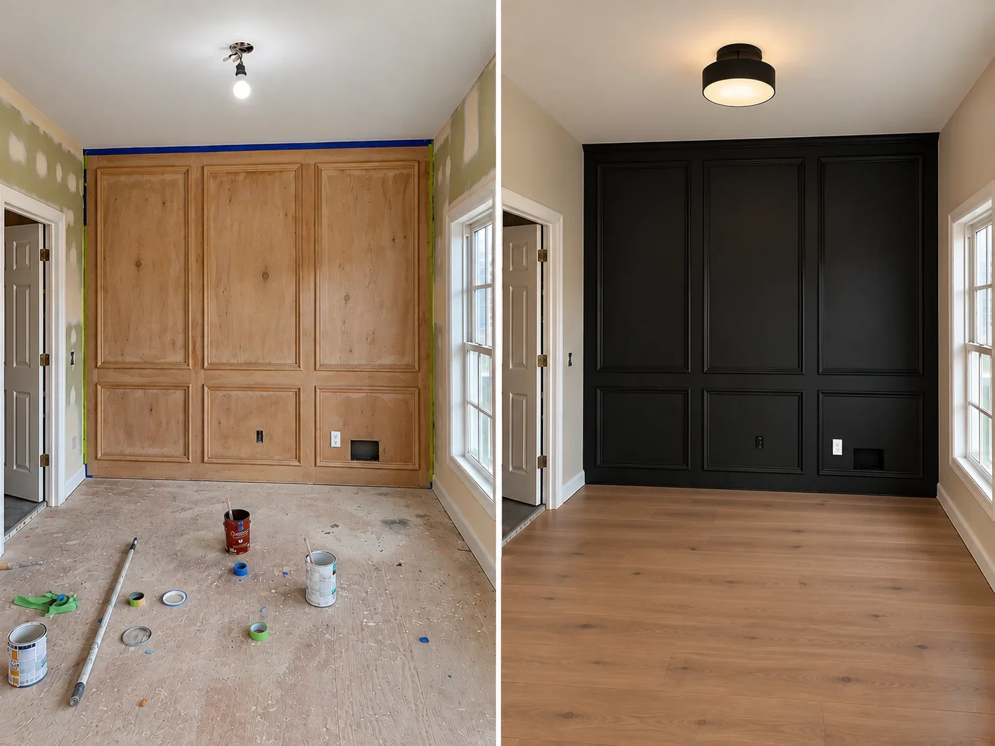 Black painted wood paneled accent wall with raised panel molding beside a window and interior door