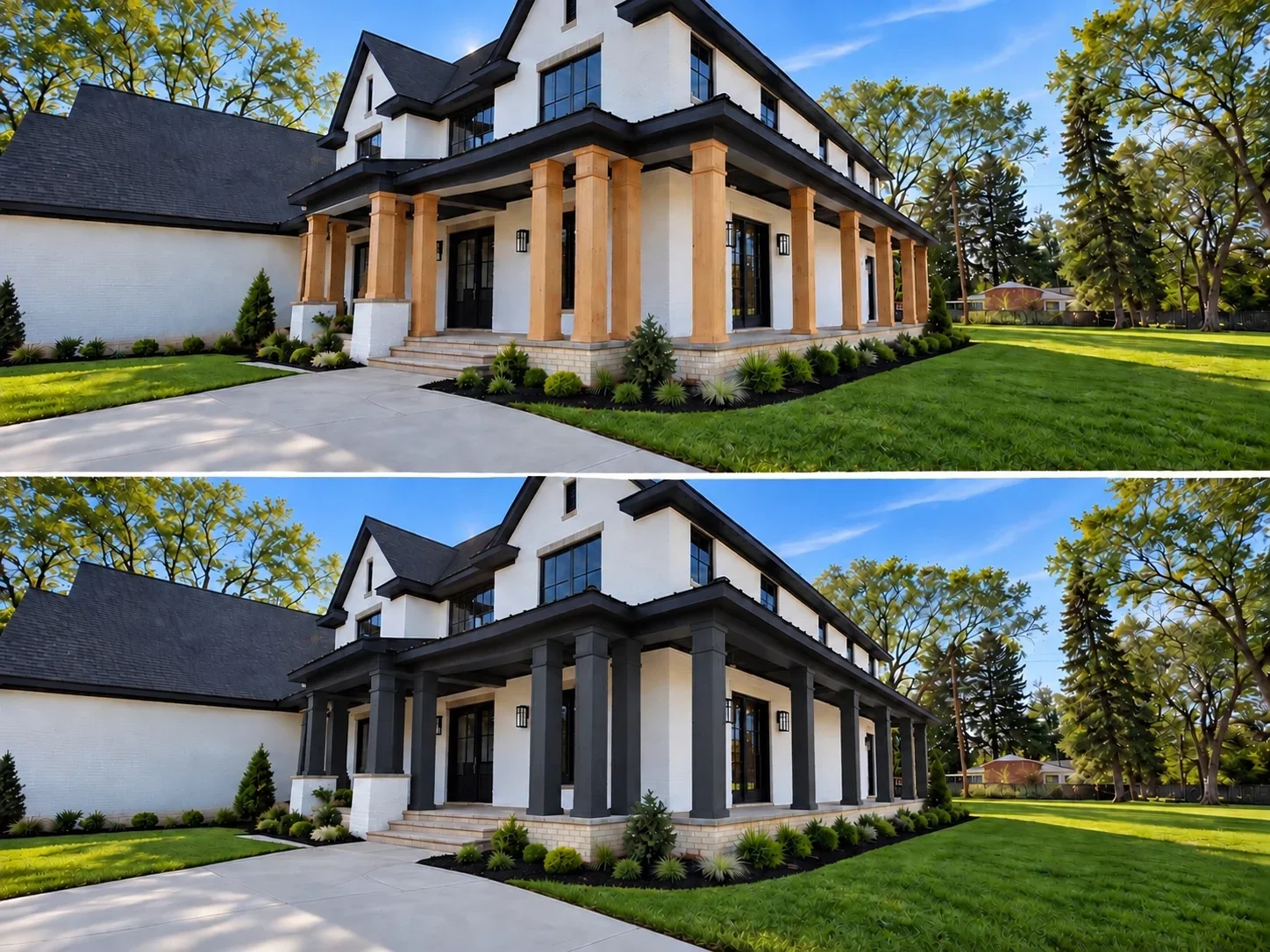 Two-story white home with black trim and porch columns shown in wood tone and charcoal paint comparison