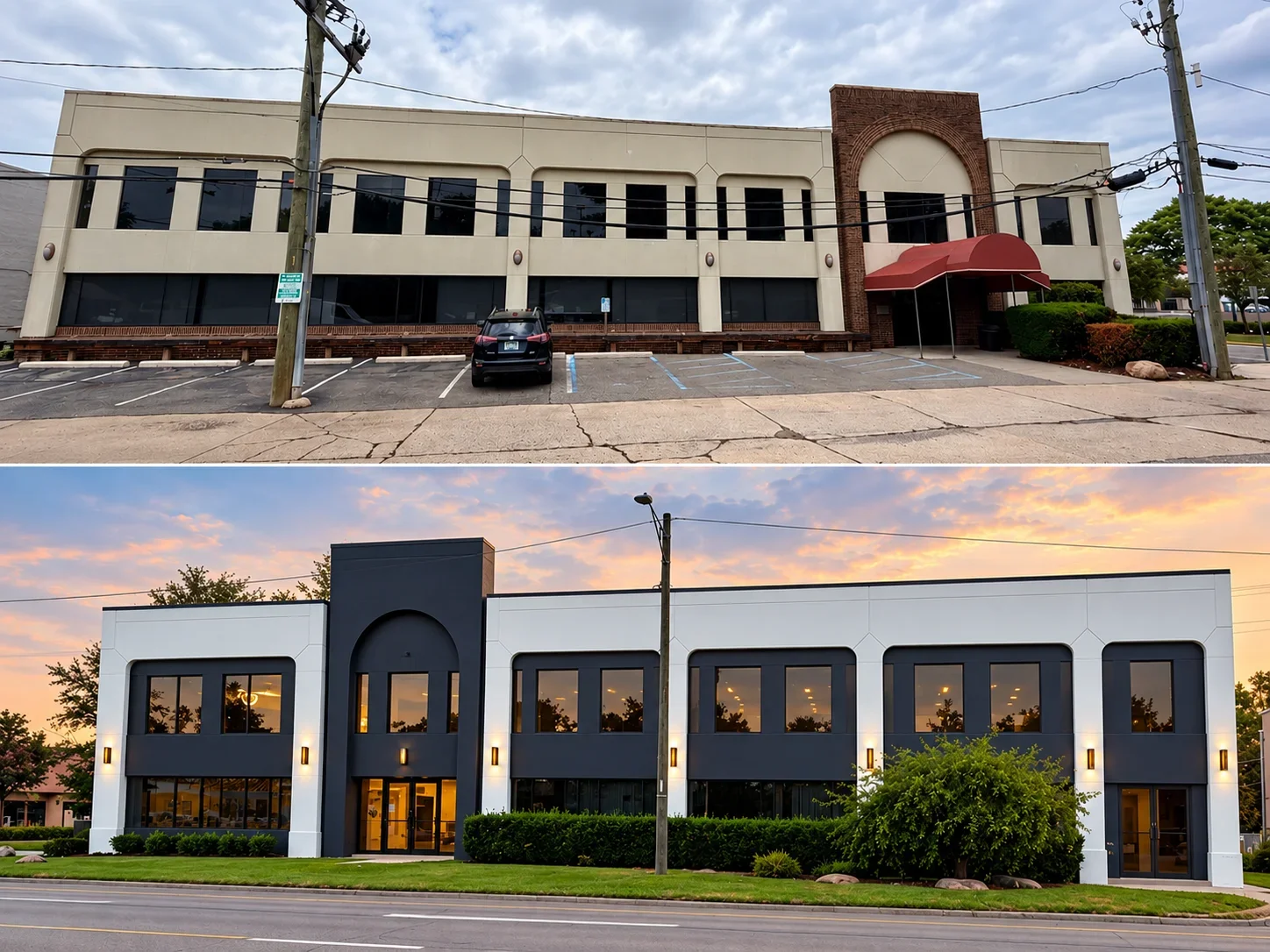 Two-story commercial building exterior after repainting in white and charcoal gray with arched entry and wall sconces
