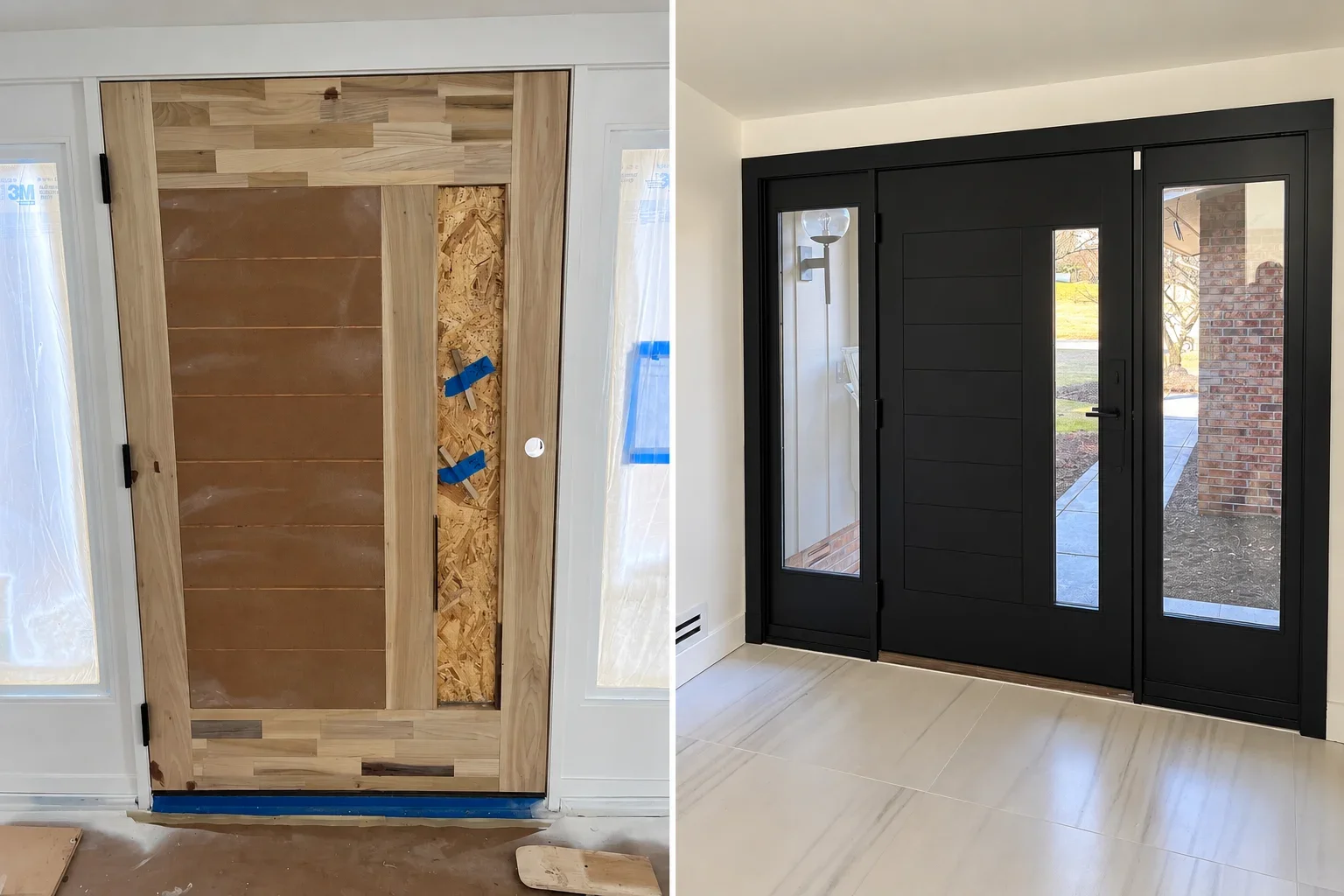 Before and after of an entry door: natural wood slat build-up with OSB core, then a finished matte black door with horizontal panels and glass sidelites
