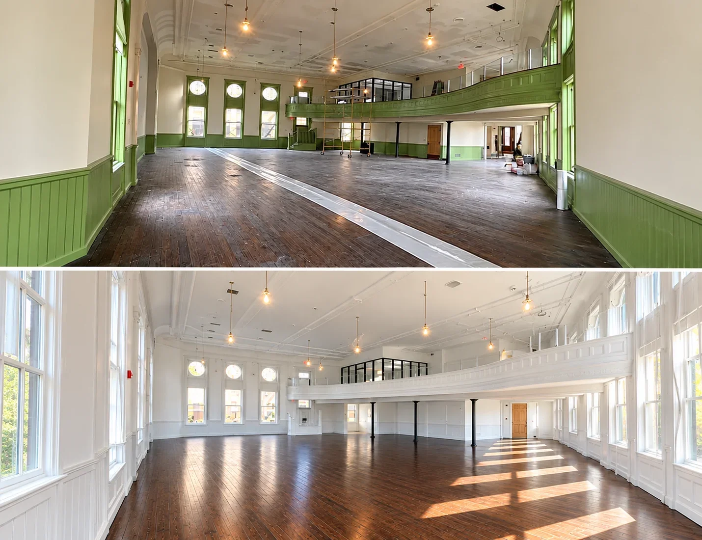 Before and after of a historic hall: green painted wainscot and worn wood floors transformed to white painted walls, trim, and refinished hardwood floors
