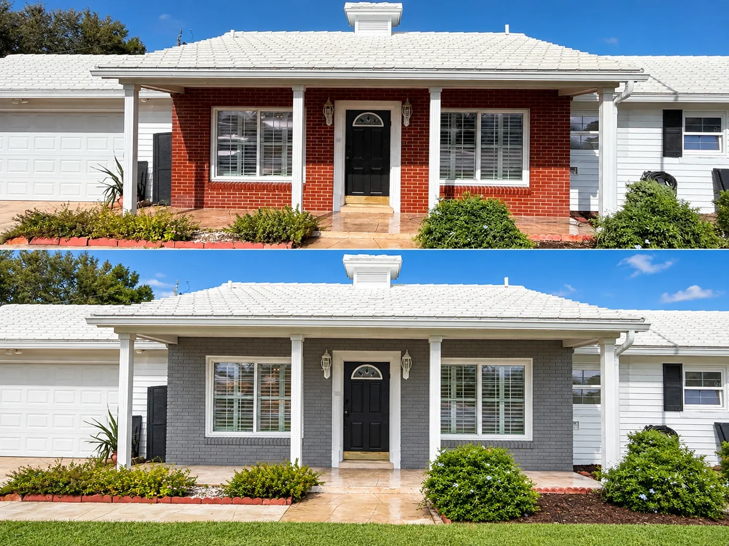 Front facade of home with red brick walls painted gray, white columns, white trim, and black front door
