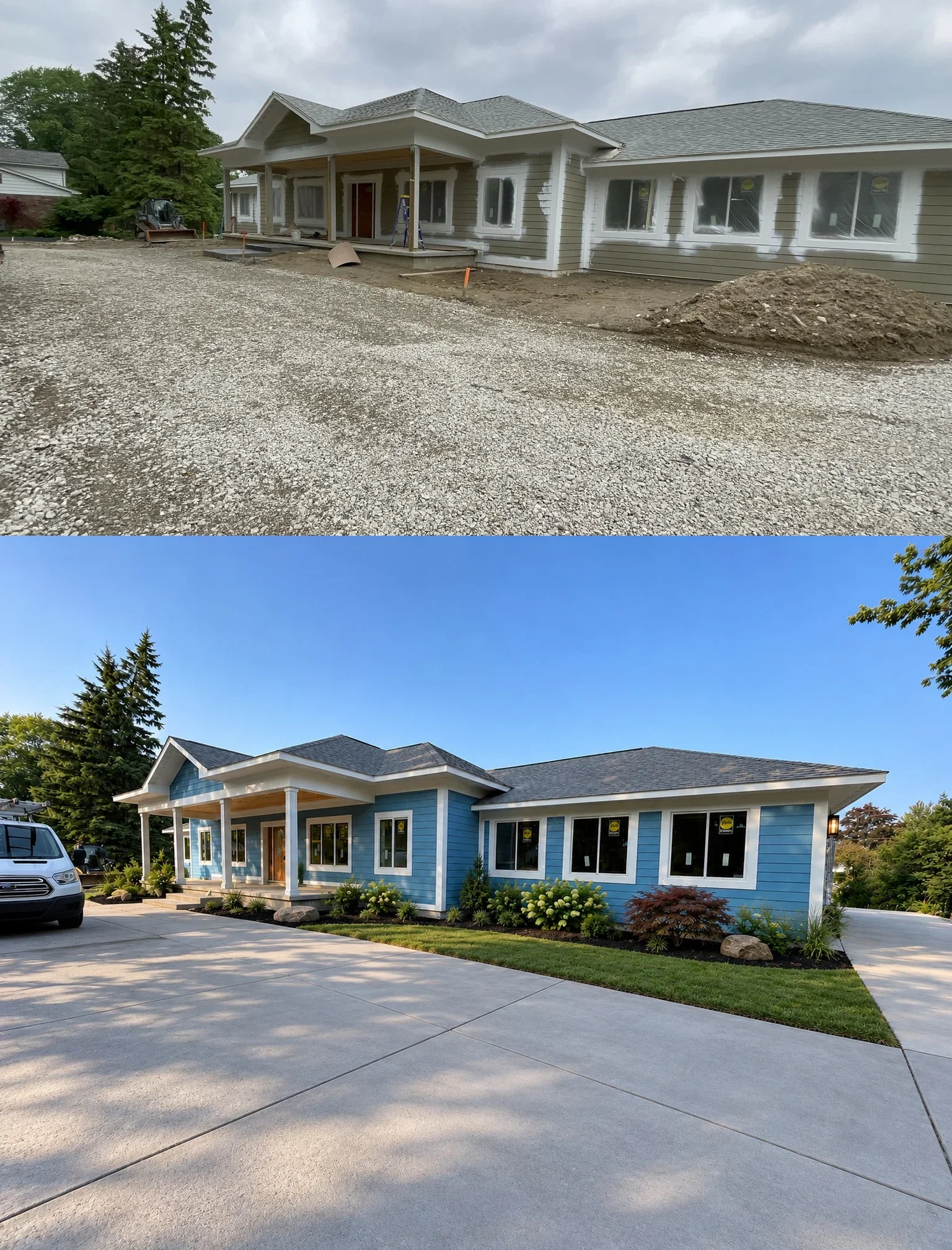 Single-story home with blue horizontal lap siding, white trim, and porch columns after exterior painting