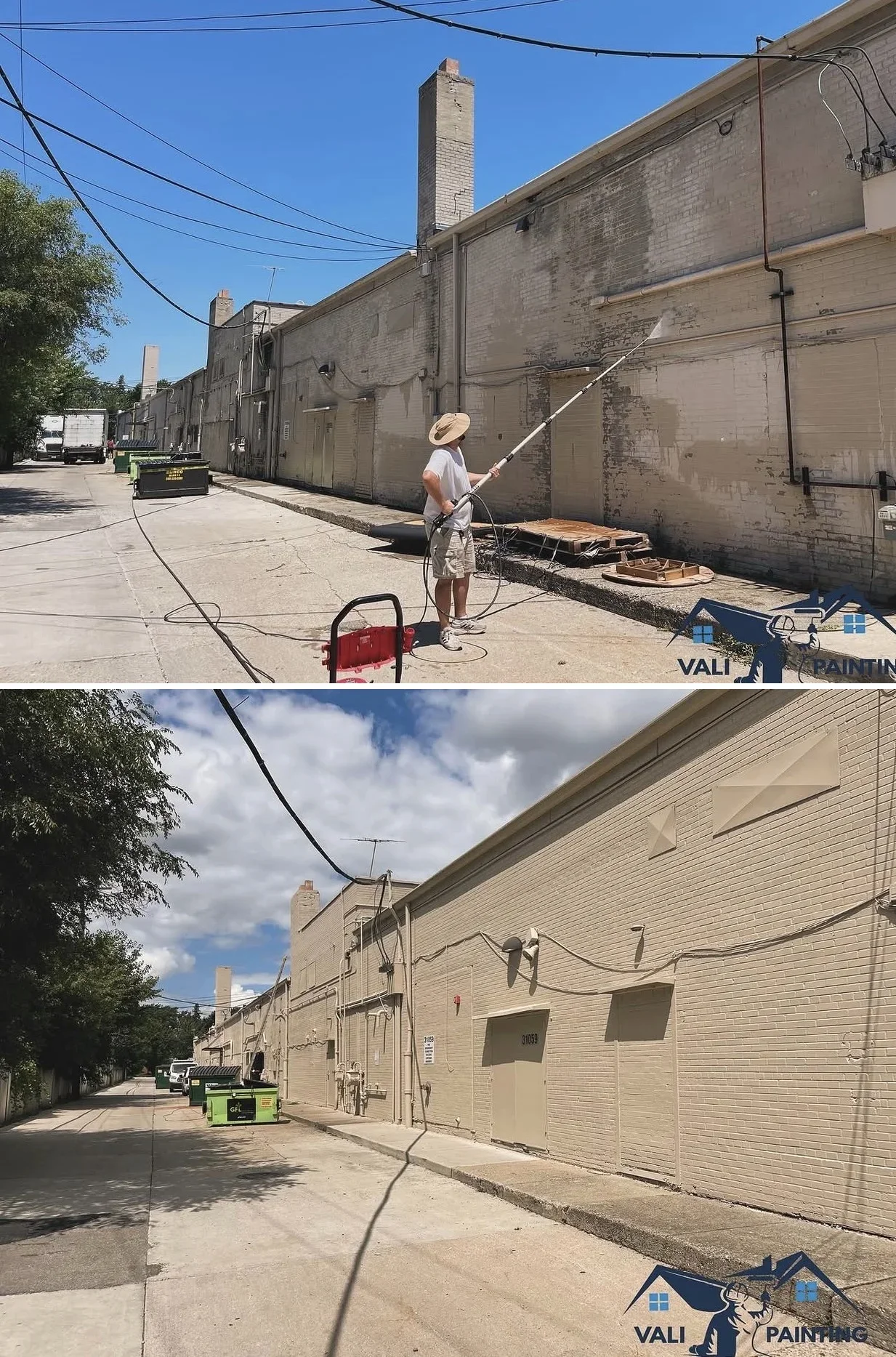 Before and after pressure washing of tan brick warehouse wall using telescoping extension wand, showing grime removal