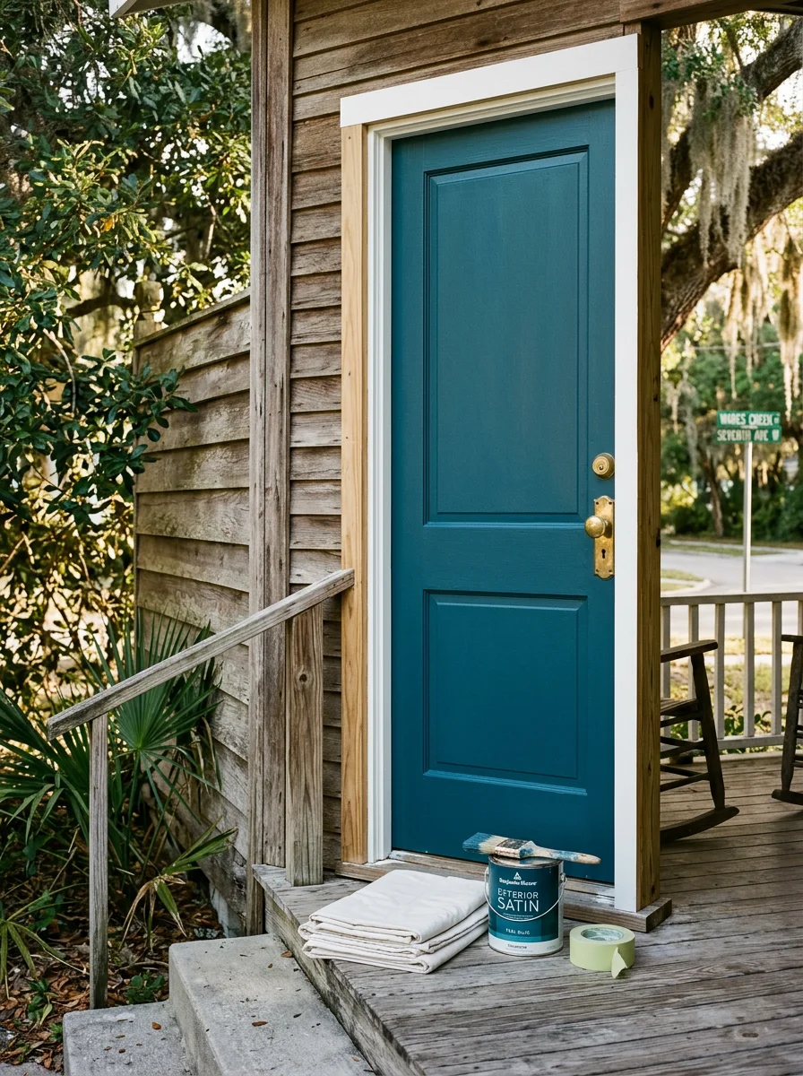 Freshly painted wood trim and front door on a 1930s bungalow in Bradenton's historic Wares Creek neighborhood, showing clean brush lines on original wood framing.