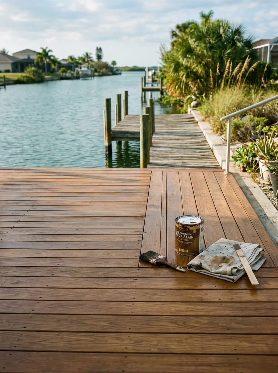 Freshly stained wood deck on an Englewood, FL canal property, showing even finish on horizontal deck boards with a boat dock and Lemon Bay visible beyond.