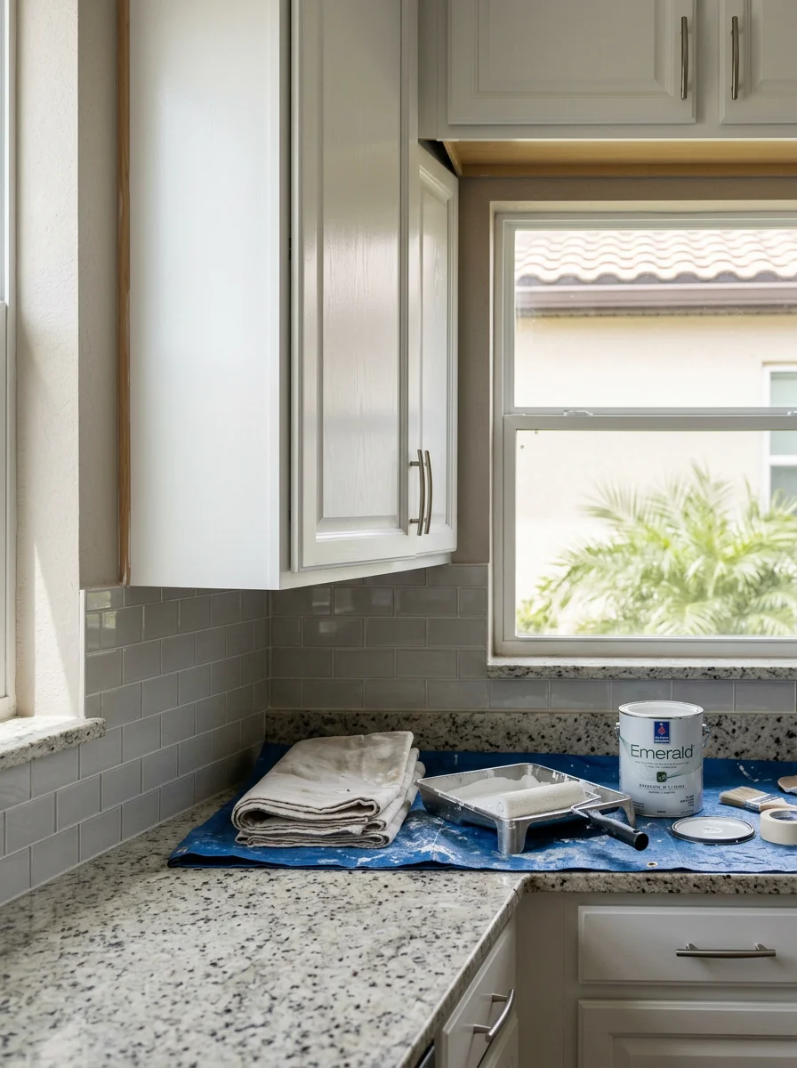 Freshly painted kitchen cabinets in a Lakewood Ranch, FL home, showing smooth white finish on solid wood frames with updated hardware.