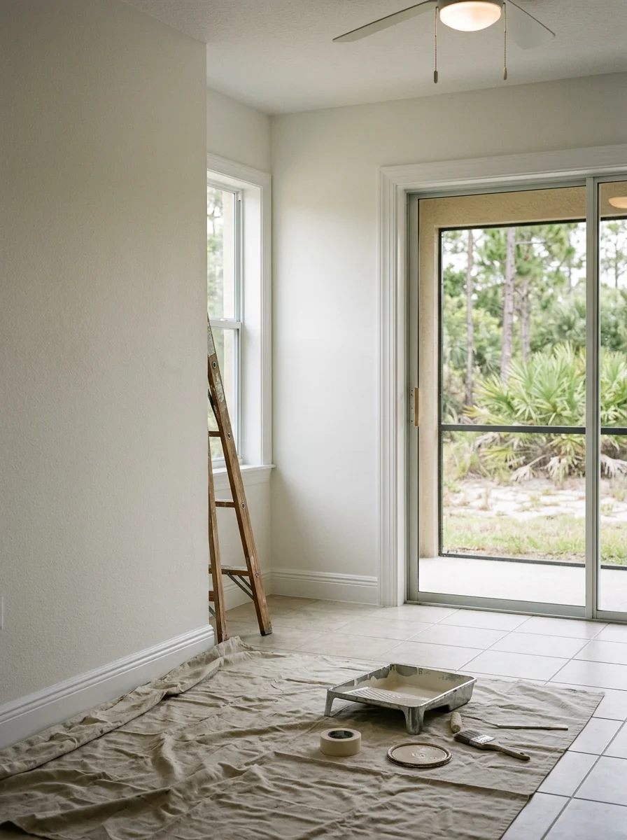 Freshly painted interior living room in a North Port, FL villa community, showing smooth walls and clean trim in a single-story open floor plan.