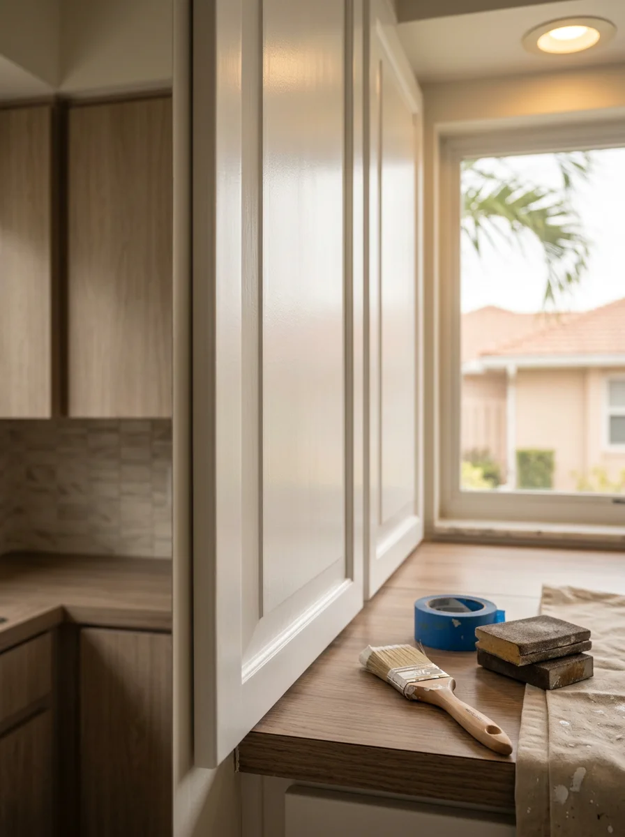 Close-up of freshly painted white cabinet doors in a mid-century Sarasota kitchen, showing smooth brush-applied finish on solid wood frames.
