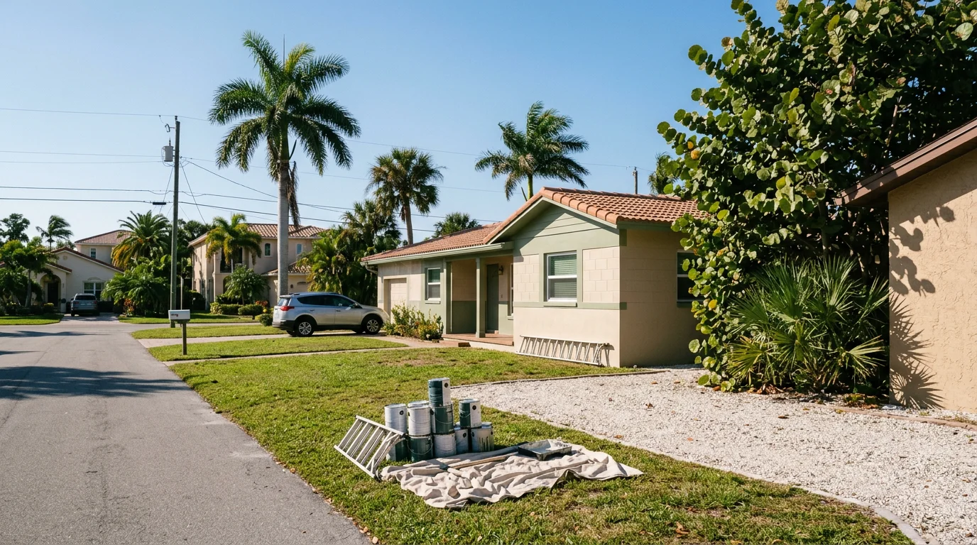 Painter applying exterior coating to a concrete block home in a Sarasota, FL neighborhood, with a palm tree and blue sky visible in the background.