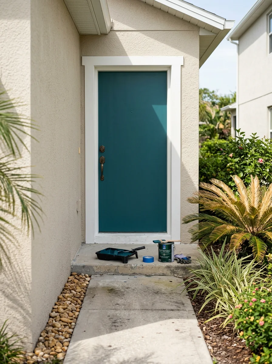 Freshly painted front door in a Wellen Park community in Venice, FL, showing a bold color against white stucco trim on a single-story home.