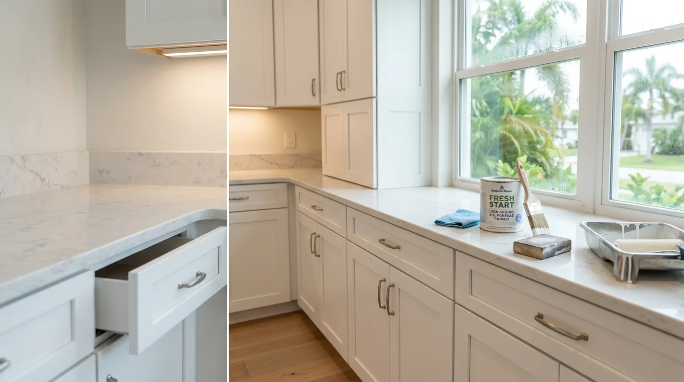 Freshly painted white kitchen cabinets in a Sarasota, Florida home, showing clean brush lines and smooth finish on cabinet doors and drawer fronts. Natural Gulf Coast light comes through a large window, highlighting the updated cabinet color against warm countertops.