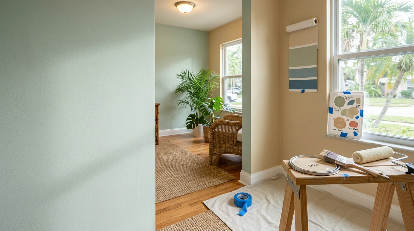 A freshly painted interior living room in a Sarasota, Florida home showing a custom wall color with clean edges and a consistent satin finish. The room is bright with natural Florida light reflecting off the newly painted surfaces.