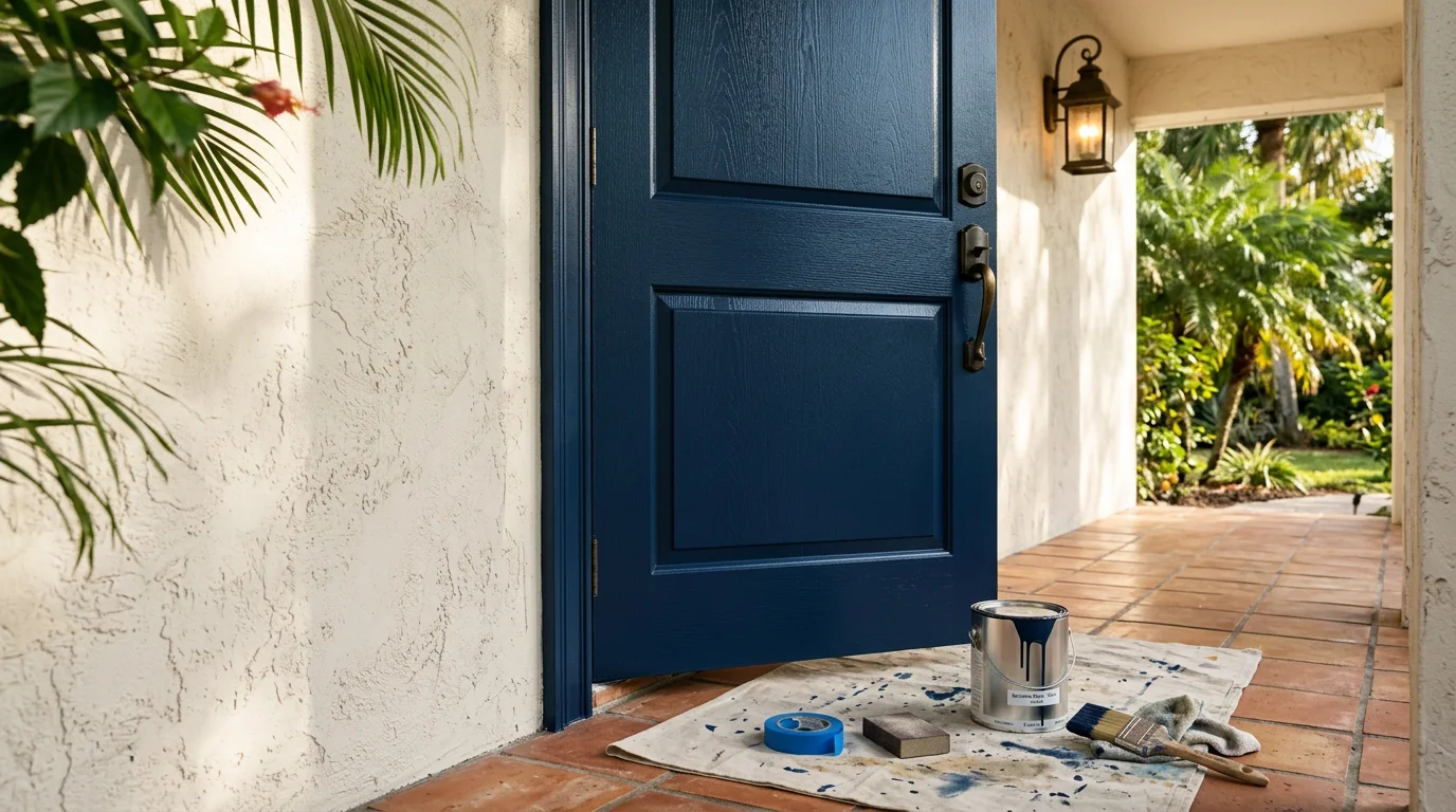 A freshly painted exterior front door on a residential home in Sarasota, Florida, showing clean edges along the door frame and a smooth, even finish. The door is photographed in natural light with the surrounding trim and entryway visible.