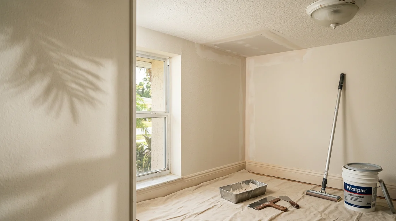 A freshly repaired and skimmed interior wall in a Sarasota home, showing a smooth, paint-ready surface where a damaged drywall section was patched and texture-matched to the surrounding wall.