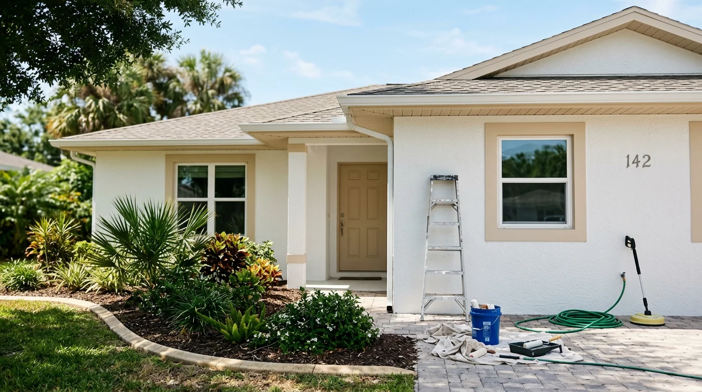 A freshly painted stucco home exterior in Sarasota, Florida, showing clean white walls, painted shutters, and crisp trim work under bright Florida sunlight. The finished result shows even coverage across the full facade with no visible peeling or mildew staining.