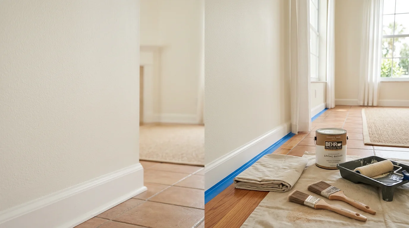 Freshly painted interior living room walls in a Sarasota, Florida home showing smooth, even coverage with clean trim lines. A bright, open-concept space reflecting the coastal light common in Southwest Florida residences.