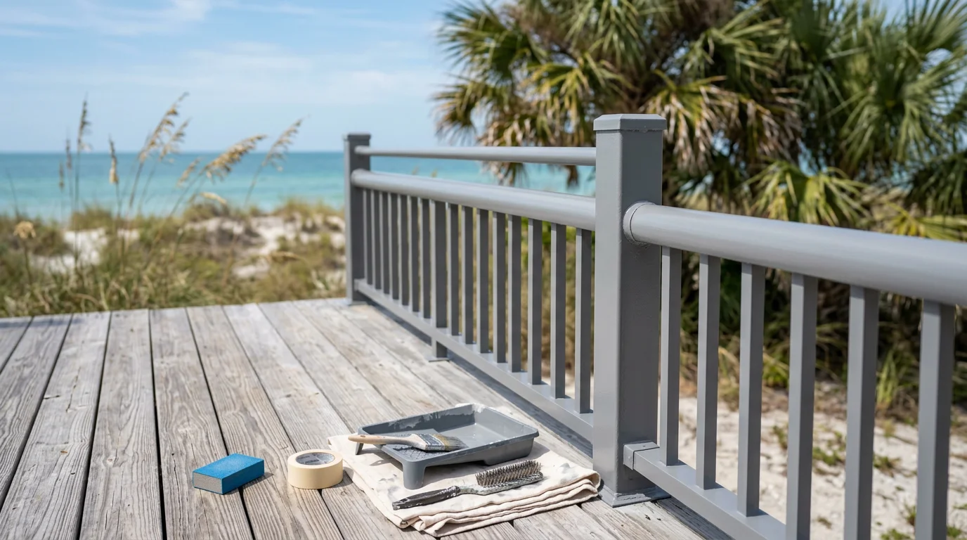 A freshly painted metal roof on a residential home in Sarasota, Florida, showing a clean, even topcoat applied over a properly primed surface. The surrounding palm trees and Gulf Coast sky provide local context for the coastal painting environment.
