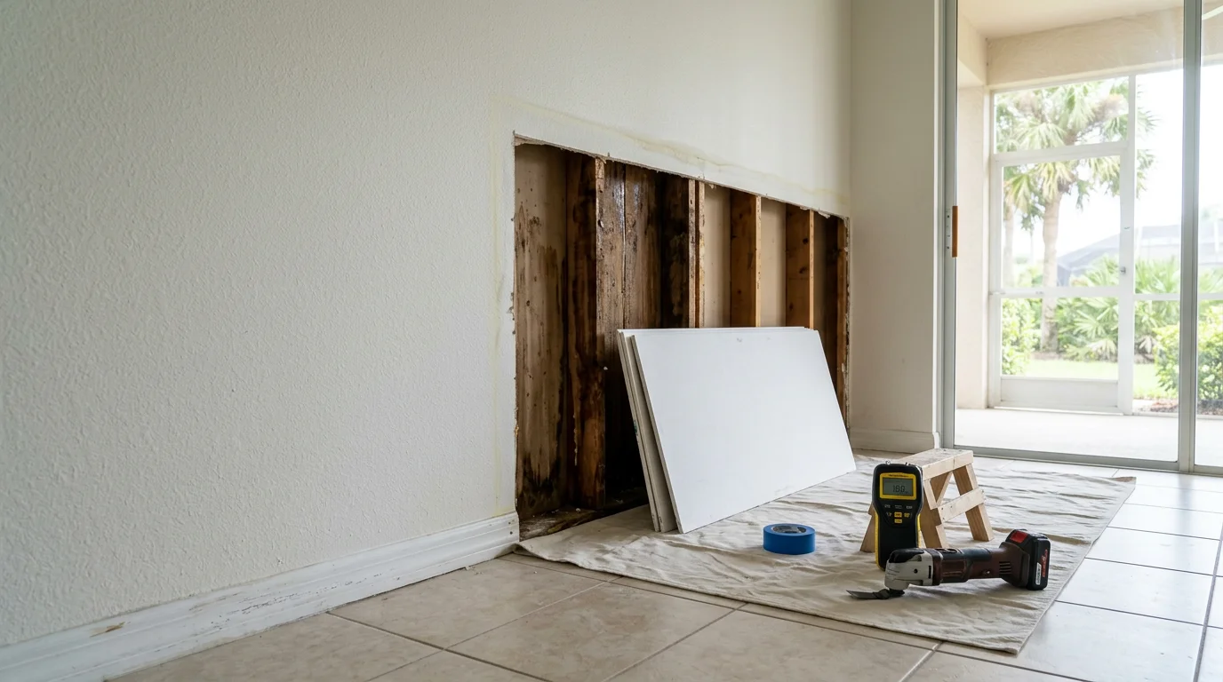 Interior wall and baseboard of a Sarasota home showing repaired drywall and freshly painted trim after water damage from storm flooding. Finished repair work in a residential living area with no visible staining or surface deterioration.