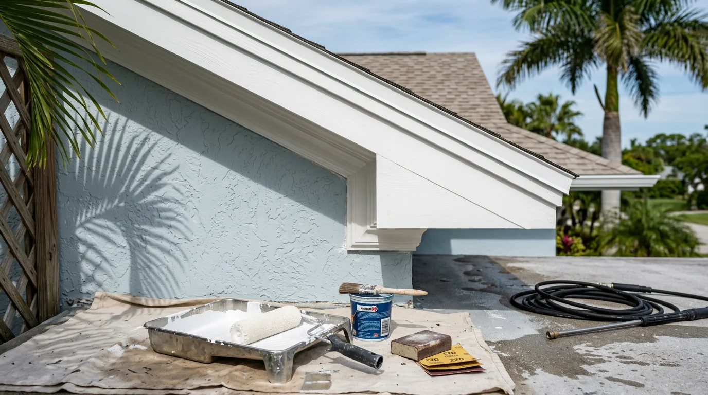 Freshly painted white wood trim and exterior fascia on a residential home in Sarasota, Florida, with clean brush lines and no peeling or salt damage visible. Close-up view showing smooth paint adhesion on wood siding boards after professional prep and coating.