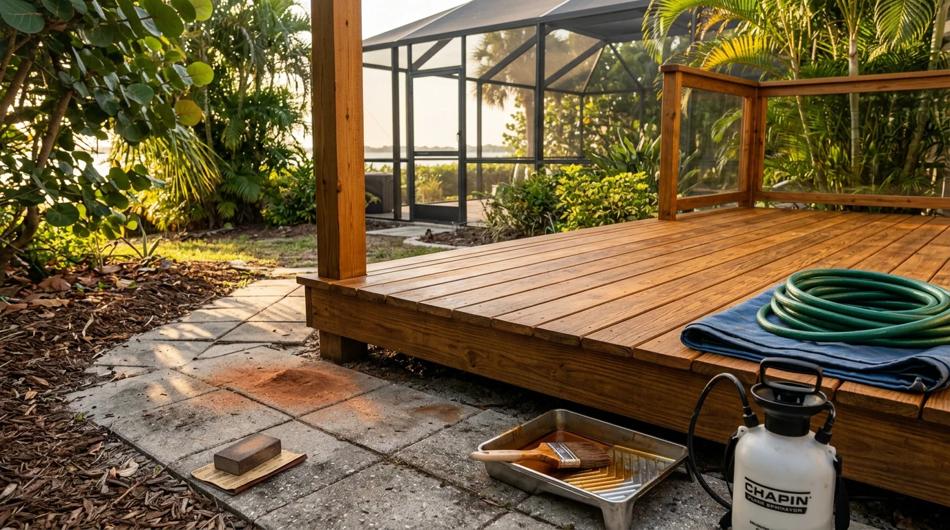 A freshly stained wood deck with rich, even color on a Sarasota, Florida home, showing clean grain and a smooth protective finish on the deck boards and railing. The outdoor setting reflects the bright Gulf Coast light typical of Southwest Florida properties.